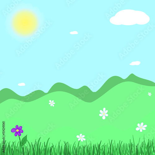 Vector cartoon drawing of a spring green landscape, square background.
