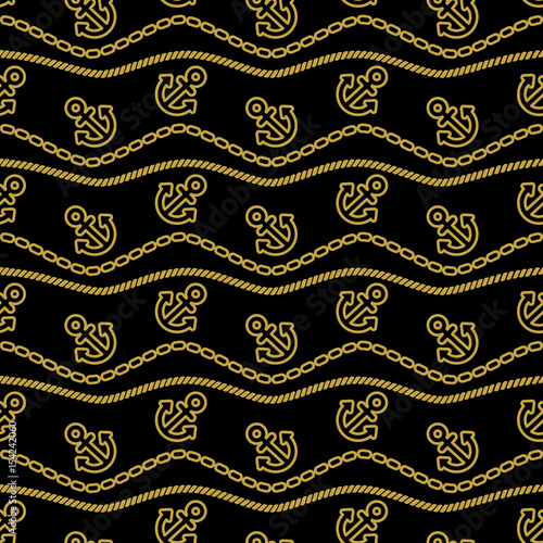 Seamless pattern with ropes anchors chain and waves gold and black. Ongoing backgrounds of marine theme. Vector illustration