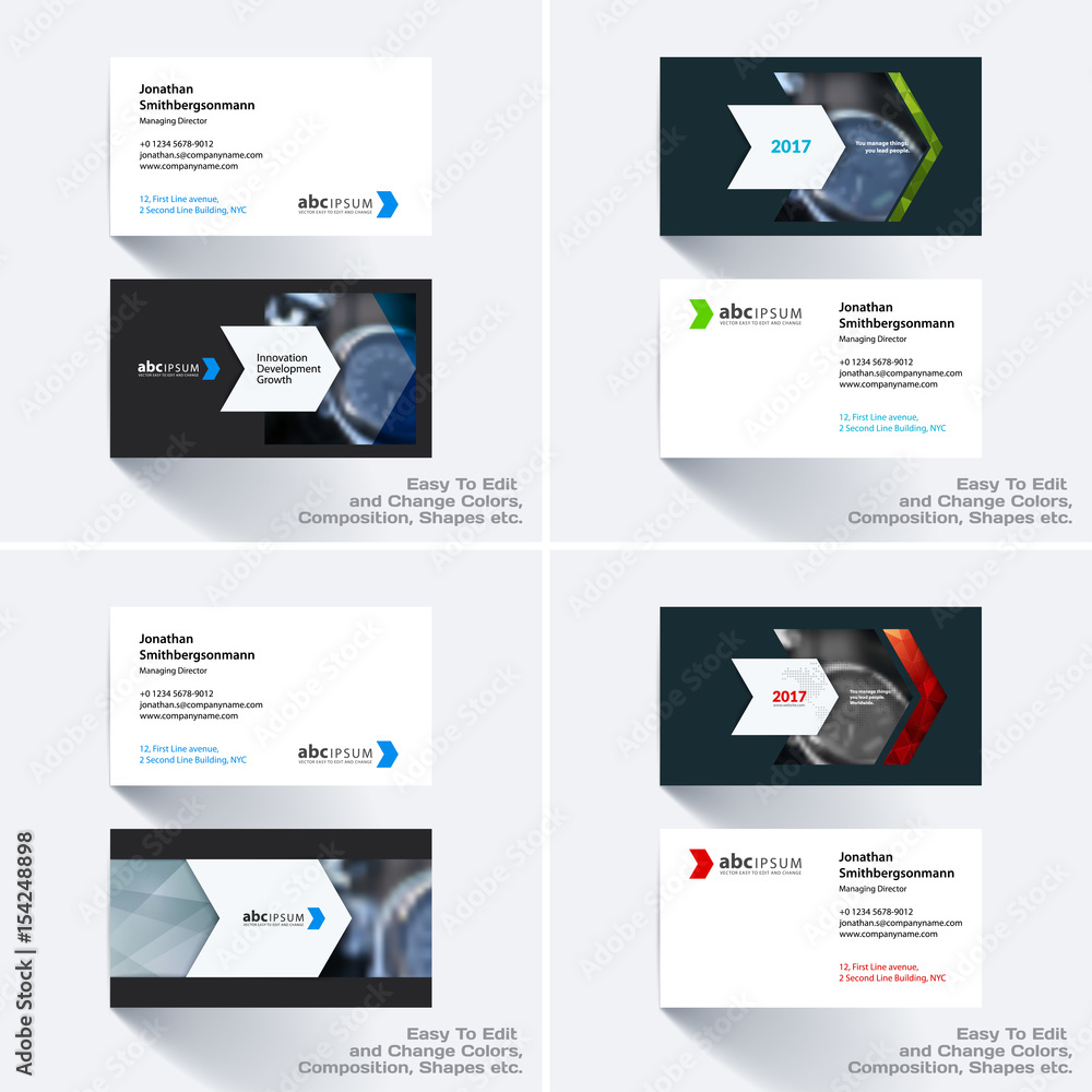 Vector business card template with colourful rectangles, arrows,