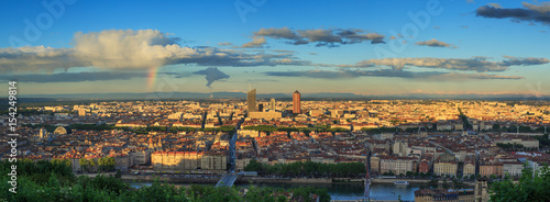 Panorama of the city of Lyon just before a summer sunset. Seen from Fourviere hill.