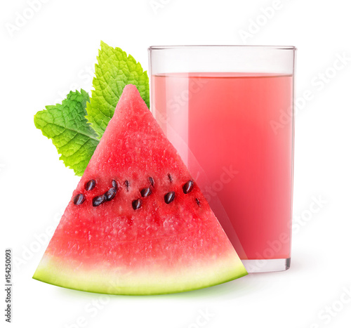 Isolated drink. Glass of watermelon juice and one slice of fruit isolated on white background with clipping path
