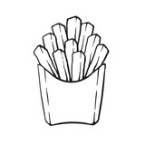 Vector illustration. Hand drawn doodle of french fries in a paper pack. Unhealthy food. Cartoon sketch. Decoration for menus, signboards, showcases, greeting cards, posters, wallpapers