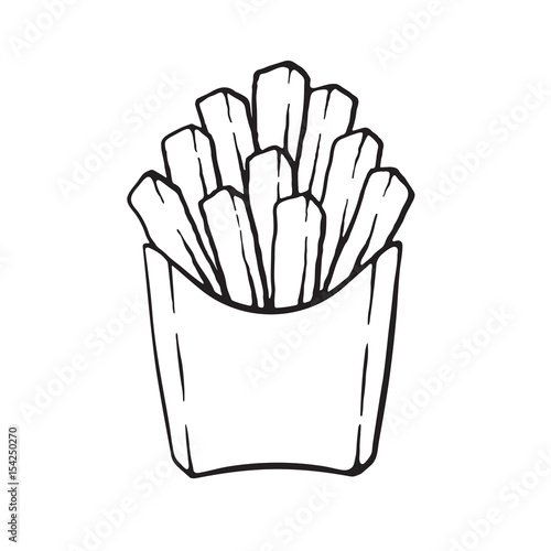 Vector illustration. Hand drawn doodle of french fries in a paper pack. Unhealthy food. Cartoon sketch. Decoration for menus, signboards, showcases, greeting cards, posters, wallpapers