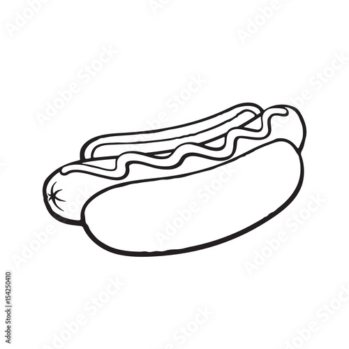Vector illustration. Hand drawn doodle of hot dog with mustard. Unhealthy food. Cartoon sketch. Decoration for menus, signboards, showcases, greeting cards, posters, wallpapers