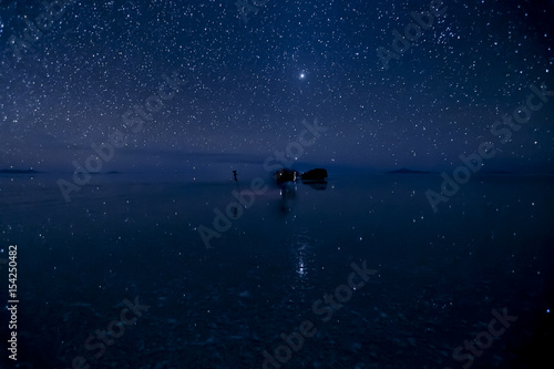 Stars reflect surface of water at Uyuni Salt flats in Bolivia.