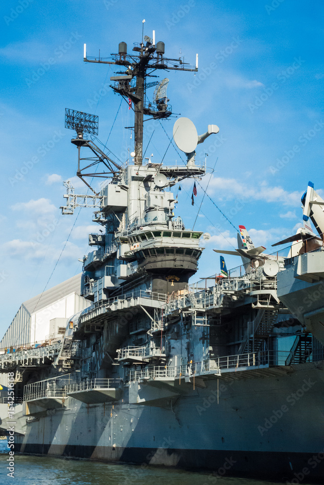 Aircraft carrier control tower steel ship museum blue sky Aircraft carrier control tower steel ship museum blue sky