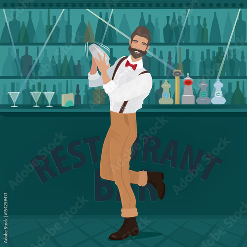 Fun and mustachioed bartender hipster with suspenders and red bow tie demonstratively shakes the contents in the shaker, preparing a cocktail. Full-length view