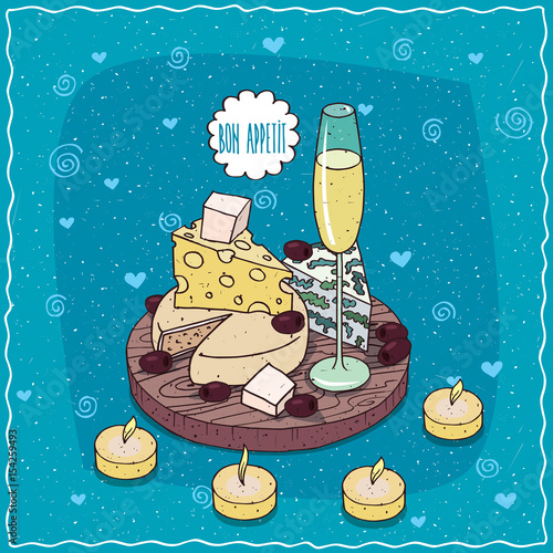 Romantic composition on wooden board, glass of champagne or cider, black olives and cheese with mildew, with holes and round cheese on plate. Hand drawn comic style
