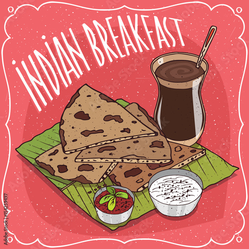 Traditional breakfast, food of Indian cuisine, pieces of flatbread with sauce and curd cheese, on banana leaf plate and masala chai tea. Hand drawn comic style