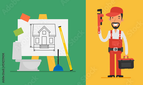 Construction Concept Plumber Holding Pipe Wrench and Tools