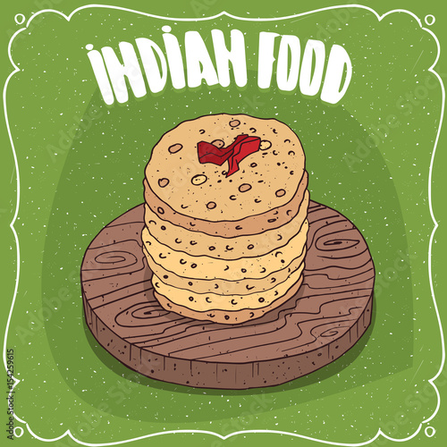 Traditional food, dish of Indian cuisine, pile of round flatbread like Roti, Naan, Chapati, Papadum or Paratha, on wooden plate with chilli. Hand drawn comic style