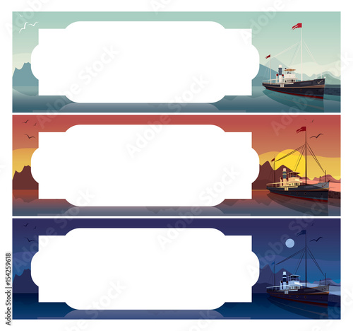 Set of horizontal templates for sea cruise tickets or flyers. Scenic area with old ship in style of retro steamer, at the pier in clear day, at sunset, at night