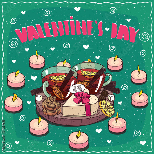 Romanic composition on wooden board, tea with cinnamon, spices and citrus, in mugs. Near gift box in heart shape. Valentines Day Lettering. Hand drawn comic style