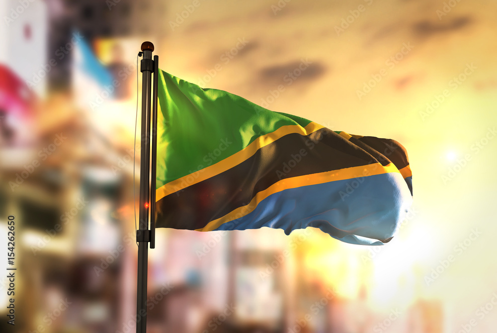 Tanzania Flag Against City Blurred Background At Sunrise Backlight - obrazy, fototapety, plakaty 