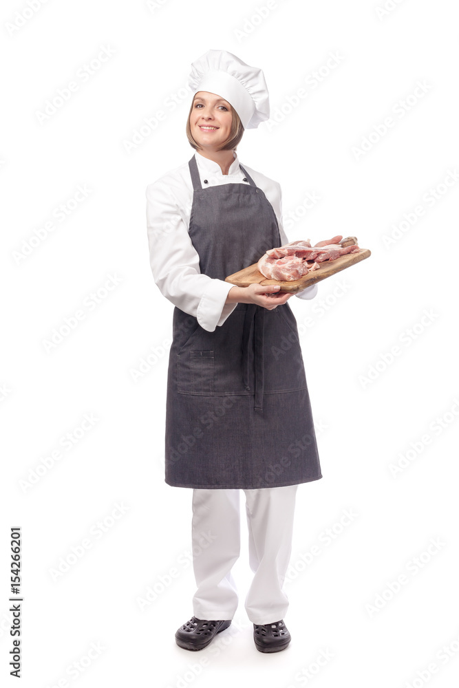 full length portrait of smiling woman professional chef, cook or butcher holding raw meat steak isolated on white background. restaurant, dieting, bbq and cooking food concept. grocery advertisement full length portrait of smiling woman professional chef, cook or butcher holding raw meat steak isolated on white background. restaurant, dieting, bbq and cooking food concept. grocery advertisement