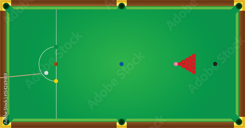 Vector of green snooker table with balls and wood cue from top view.