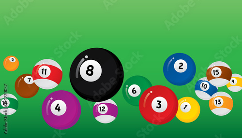 Vector of snooker balls isolated on green background.