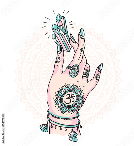 Woman hand is holding magic crystal. Vector illustration isolated. Tattoo design, mystic magic symbol for your print.  Indian motifs and boho style.