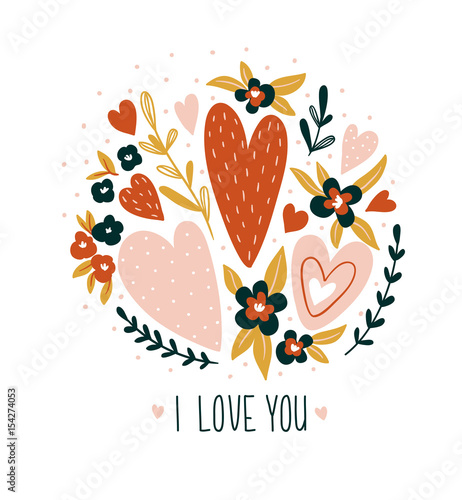 Hand drawn valentine card with flowers and lettering - 'I love you'. Vector floral print design.