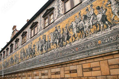 Procession of Princes, 1871-1876, 102 meter, 93 people is a giant mural decorates the wall. Dresden, Germany. It depicts to celebrate the 800 year anniversary of the Wettin Dynasty.