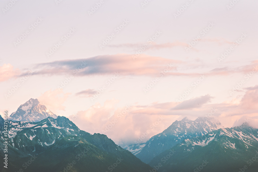 Sunset Mountains range peaks Landscape Summer Travel wild nature scenic aerial view  Russia.