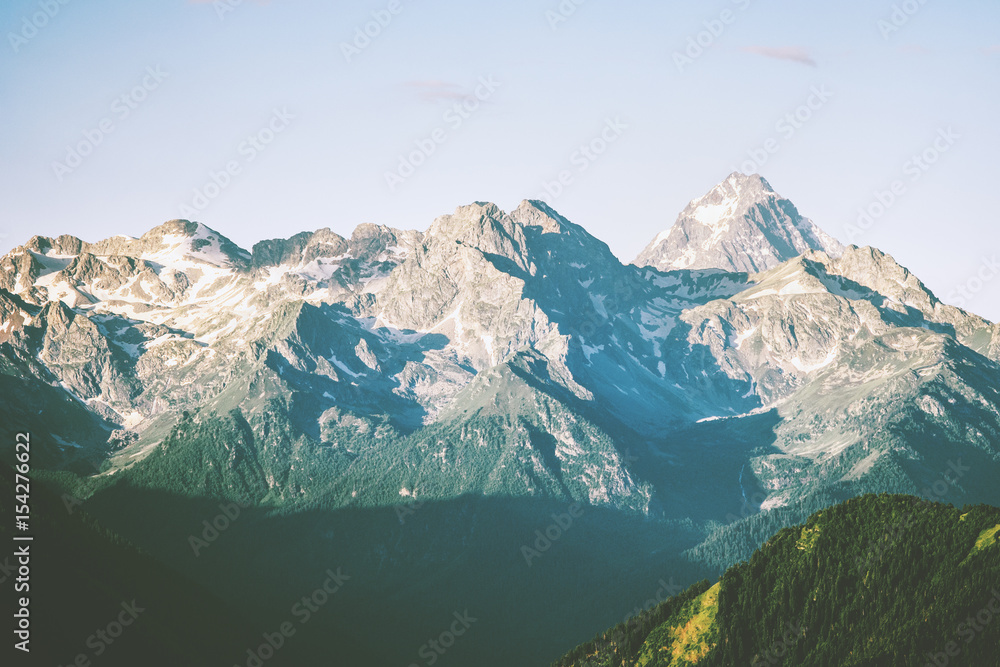Rocky Mountains range peaks Landscape Summer Travel wild nature scenic aerial view in Russia .