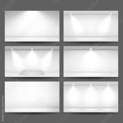 Empty White Photo Studio Interior Background Set. Photo Studio Room. Clean Iight Interior Scene Mock Up. Gallery, Architectural Design. Vector Illustration.