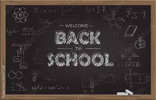 Black school blackboard with chalk WELCOME BACK TO SCHOOL text and different school symbols. Vector illustration.