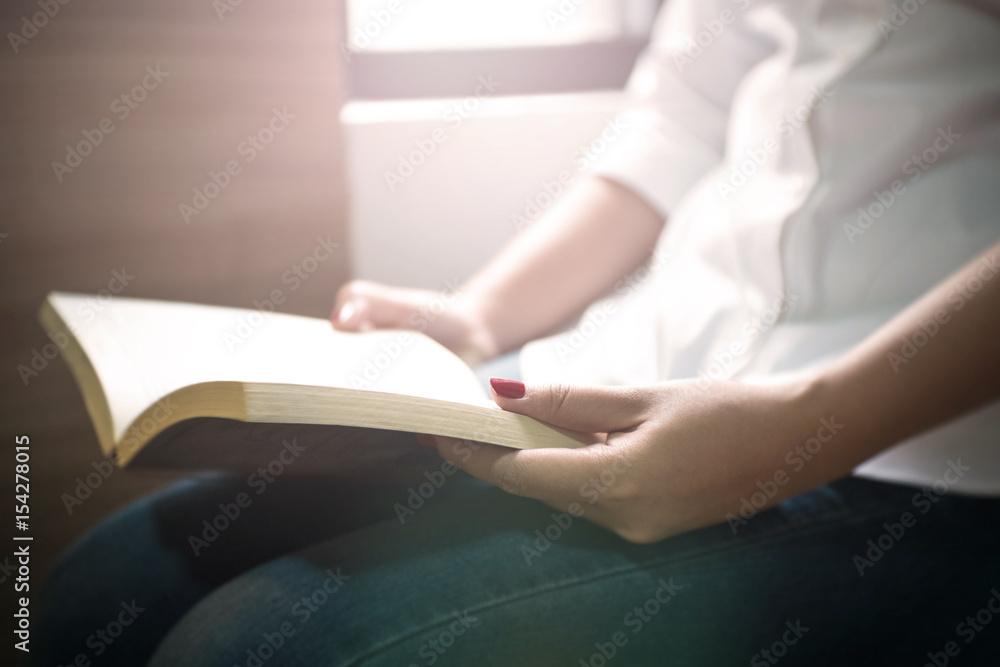 Obraz premium young woman reading a book near the window