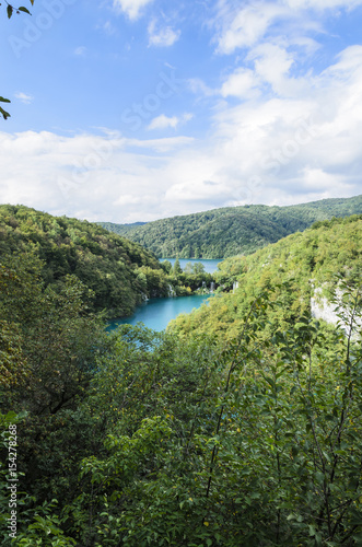 landscape of two ake and mountains at Plitvice lakes park © marinzolich
