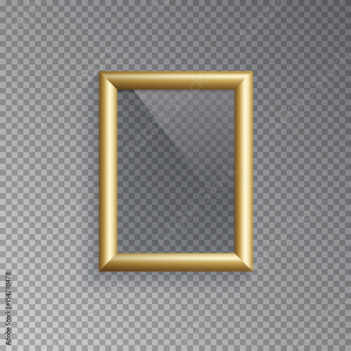 Golden picture or photo frame isolated on transparent background. Vector illustration.
