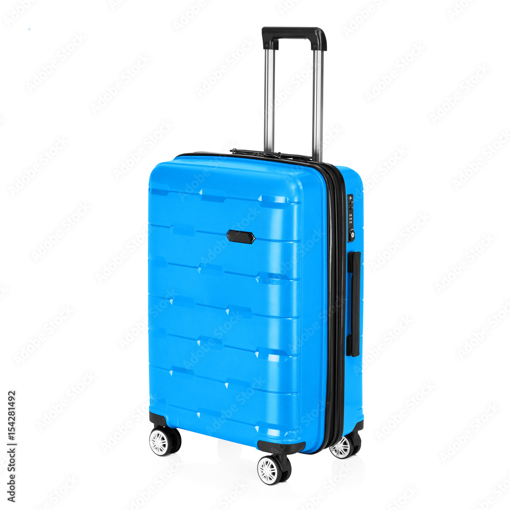 Blue Trolley Luggage Bag Isolated on White Background. Vip Trolley Bag. Trolley  Travel Bag. Spinner Trunk Stock Photo