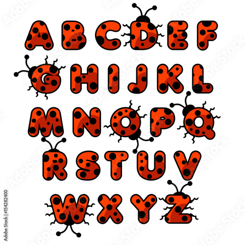 Cute cartoon ladybug zoo alphabet. English abc animals education cards kids on white background