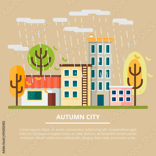 Autumn landscape in a cloudy day. City with yellow trees and rain. Leaf fall. Vector illustration.