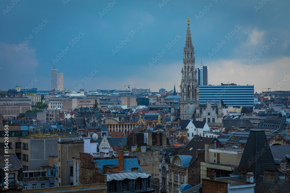 Aerial view of Brussels, Belgium with Grand Place tower