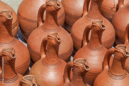 Traditional Georgian clay jugs for sale in the village of Shrosha, Georgia