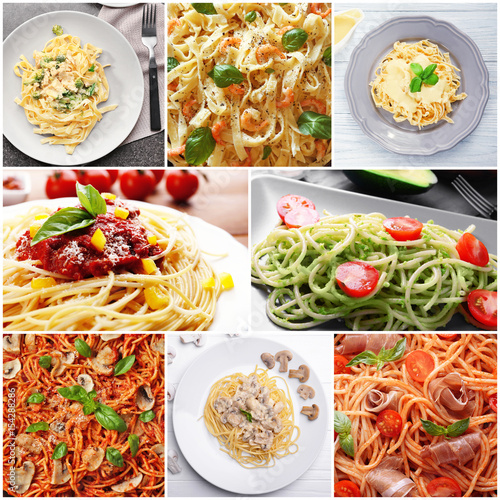 Collage of delicious pasta with different sauces