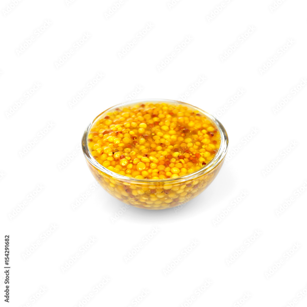Bowl of delicious Dijon mustard sauce isolated on white Bowl of delicious Dijon mustard sauce isolated on white