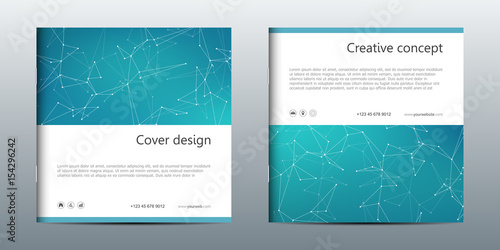 Square brochure template with structure of molecular particles and atom. Polygonal abstract background. Medicine, science and technology concept. Vector illustration