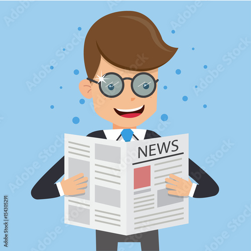 Businessman in Suit Wear Glasses and Reading Newspaper. Concept business vector illustration Flat Style.