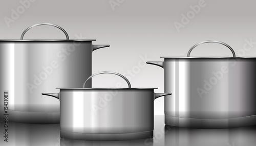 Group of stainless steel kitchenware isolated on white. Vector illustration.