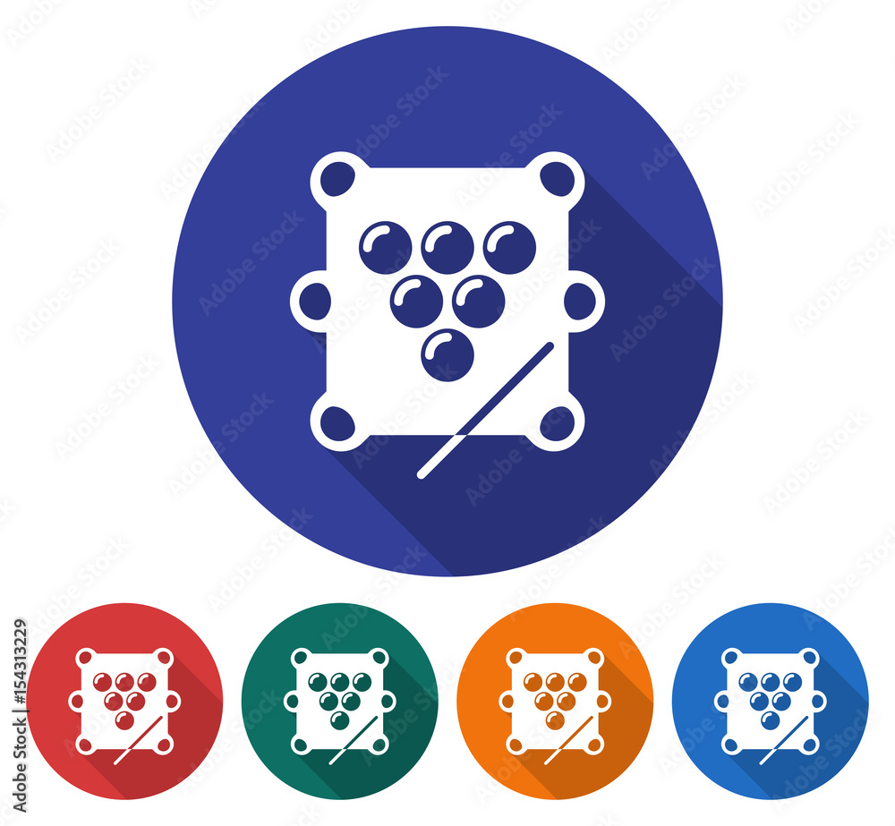Round icon of billiards. Table, balls triangle and cue. Flat style illustration with long shadow in five variants background color Round icon of billiards. Table, balls triangle and cue. Flat style illustration with long shadow in five variants background color