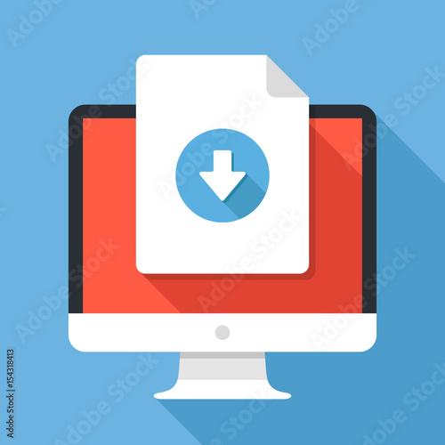 Document download button on computer screen. Document icon and desktop PC. Downloading files concepts, graphic elements. Modern flat design vector illustration