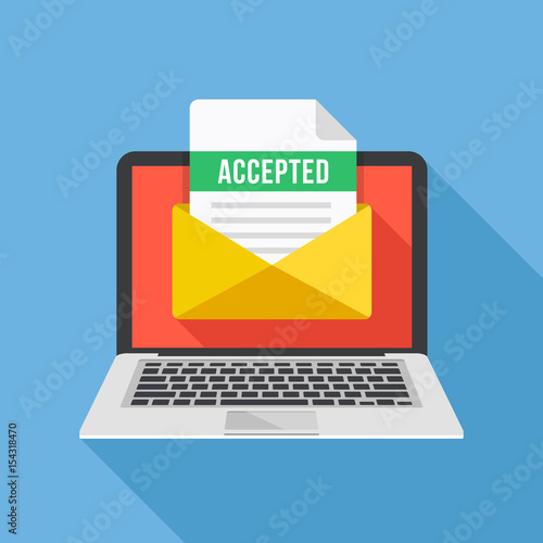 Laptop and envelope with university acceptance letter. Email with accepted header, subject line. College acceptance, admission, employment, recruitment concepts. Modern flat design vector illustration