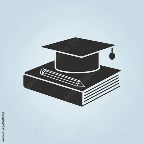 Education icon. Graduation cap, book and pencil symbol.