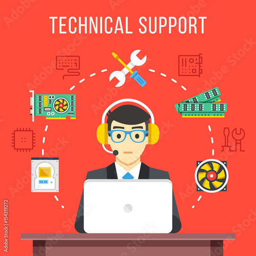 Technical support. Technical support engineer with headset at computer at work. Flat icons, thin line icons set, flat design graphic elements. Vector illustration
