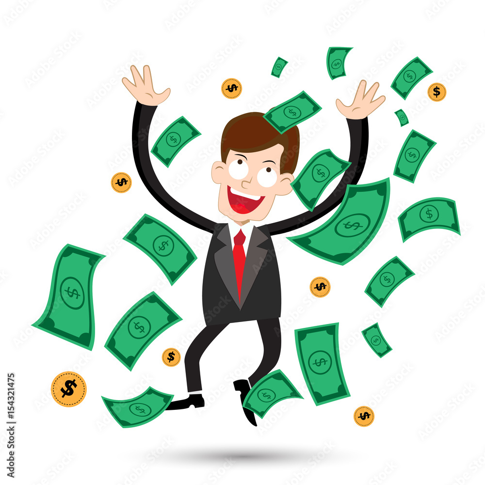 Businessman happy with money flowing in the air. Cartoon Illustration. Businessman happy with money flowing in the air. Cartoon Illustration.
