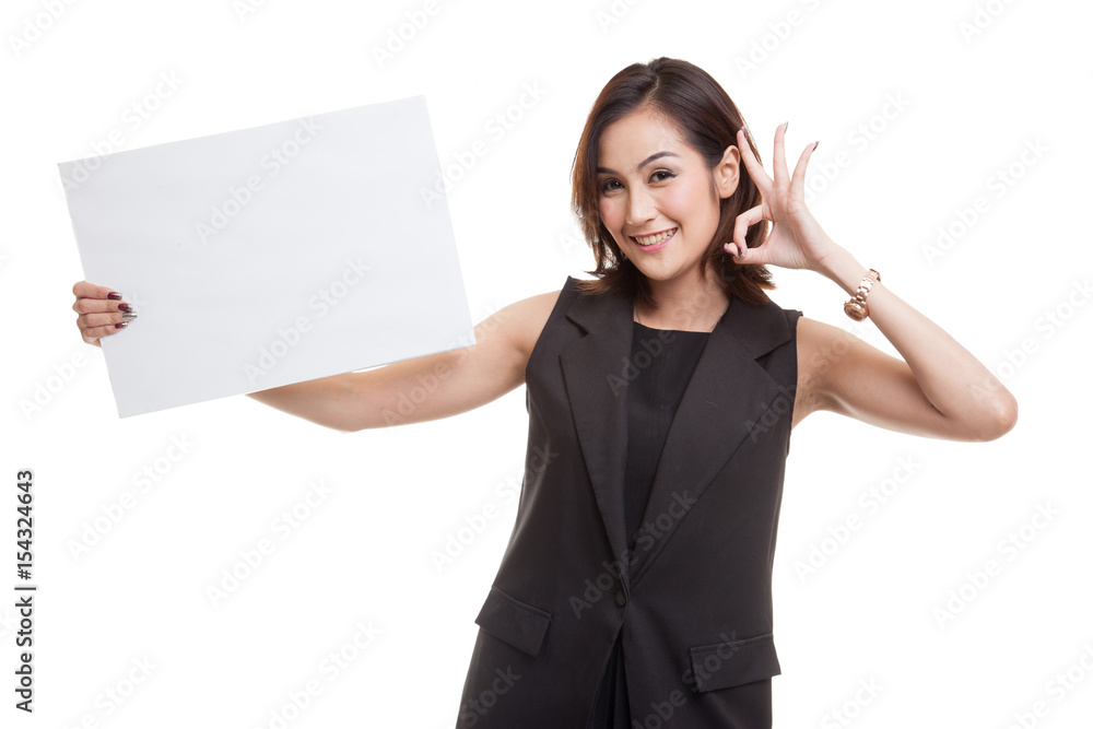 Young Asian woman show OK with white blank sign. Young Asian woman show OK with white blank sign.