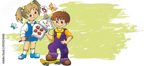 boy and girl with numerical symbols and skateboard against background of banner