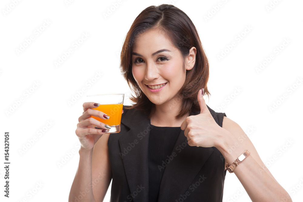 Young Asian woman thumbs up drink orange juice. Young Asian woman thumbs up drink orange juice.